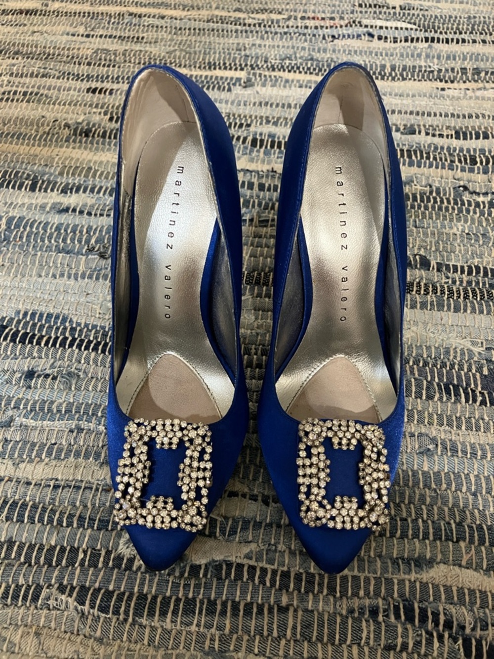 Vintage Martinez Valero Royal Blue Satin Pointed Toe Heels with Crystal Buckle